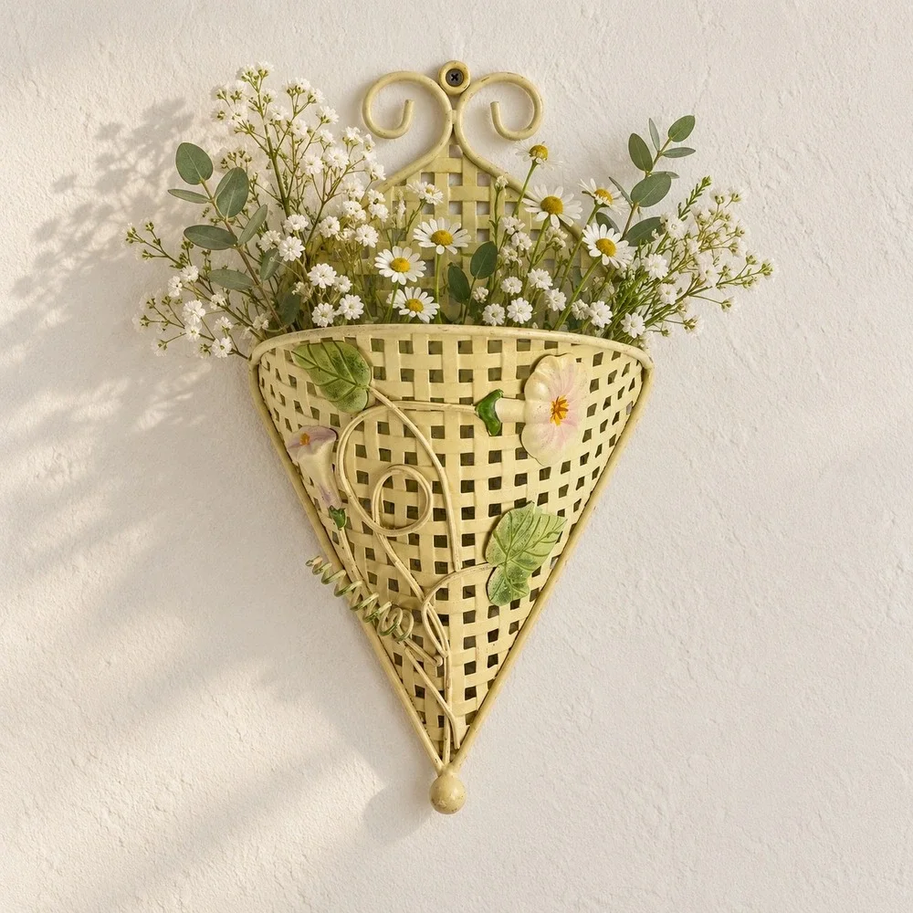 Vintage Metal Lattice Wall Pocket Cream Floral Morning Glory Hanging Planter
